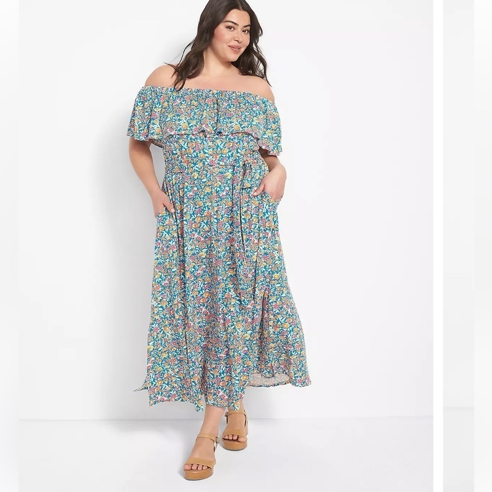 New Lane Bryant Convertible Off the Shoulder Maxi Dress Floral Blue Orange 18-20 - Picture 4 of 14